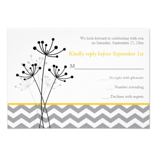 Yellow, Gray Floral, Chevron Wedding RSVP Card