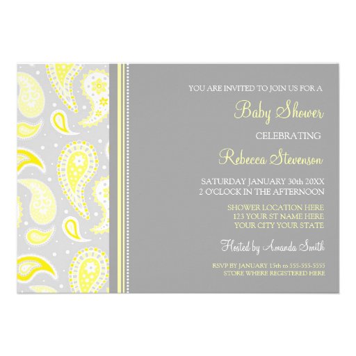 Yellow Gray Paisley Custom Baby Shower Invitations