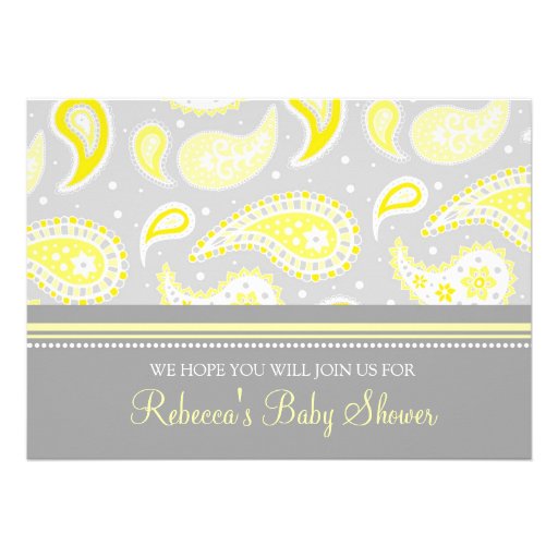 Yellow Gray Paisley Custom Baby Shower Invitations