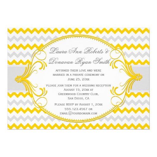 Yellow Gray Swirls Frame Chevron Reception Only Personalized Announcement