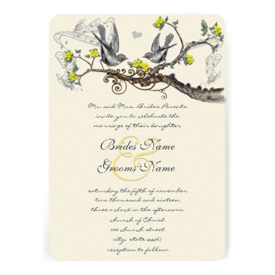 Yellow &amp; Gray Vintage Birds Wedding Invite