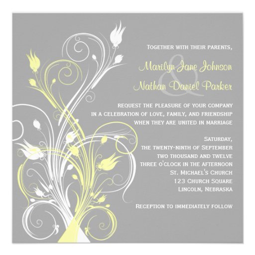 Yellow Gray White Floral Square Wedding Invitation