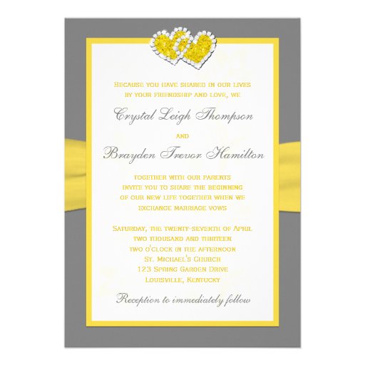 Yellow, Gray, White Joined Hearts Wedding Invite