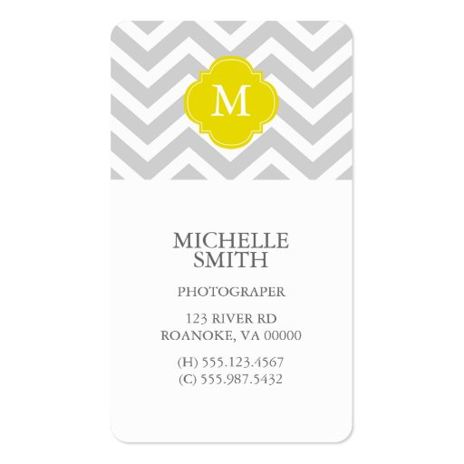 Yellow & Gray Zigzags Pattern Monogram Business Cards (front side)