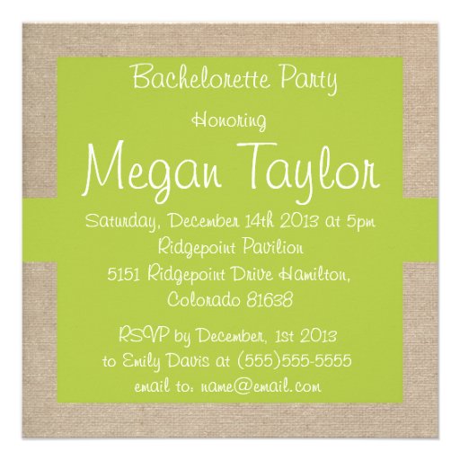 Yellow Green and Beige Burlap Bachelorette Party Personalized Invitations