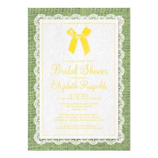 Yellow Green Country Burlap Bridal Shower Invites