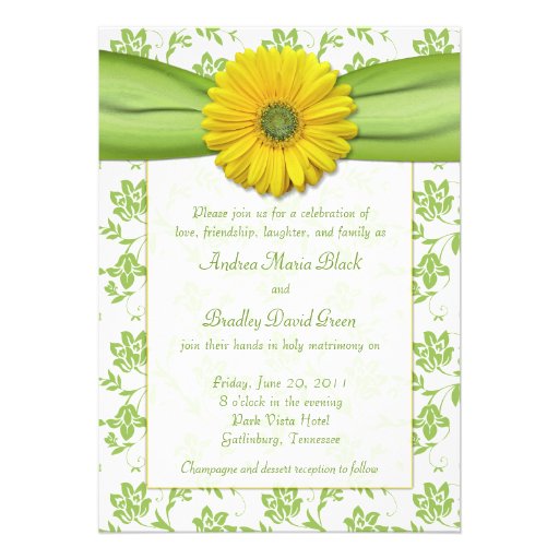 Yellow Green Damask Daisy Wedding Invitation