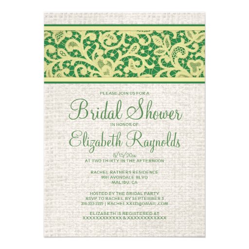 Yellow Green Rustic Burlap Bridal Shower Invites