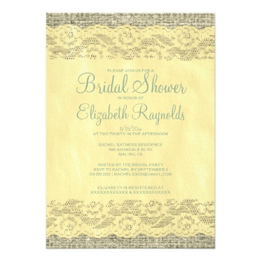 Yellow Green Rustic Lace Bridal Shower Invitations