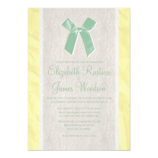 Yellow Green Vintage Bow Linen Wedding Invitations