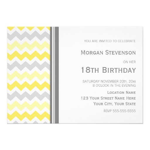 Yellow Grey Chevron 18th Birthday Party Invitation
