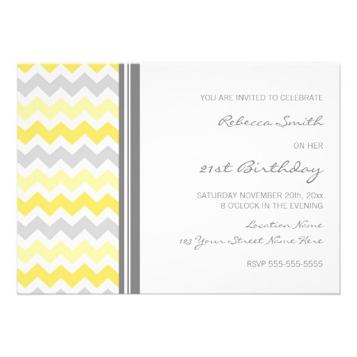 Yellow Grey Chevron 21st Birthday Party Invitation
