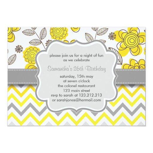 yellow grey chevron floral modern birthday party 5x7 60th birtday invitations