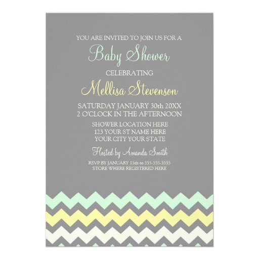 Yellow Grey Mint Chevron Baby Shower Invitations