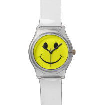 Yellow Happy Smiley Face 70's Clear Lucite Watch Wristwatches  at Zazzle
