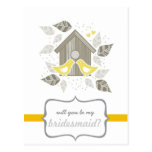 yellow kissing birds my bridesmaid postcards