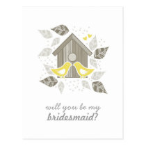 yellow kissing birds my bridesmaid vertical postcards