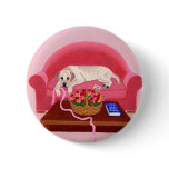 Yellow Labrador on the pink couch