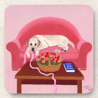Yellow Labrador on the pink couch painting Beverage Coaster
