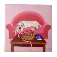 Yellow Labrador on the pink couch painting tile