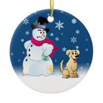 Yellow Labrador Retriever and Snowman ornaments