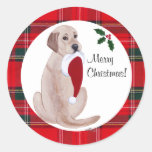 Yellow Labrador Santa Hat Tartan 2 Round Sticker
