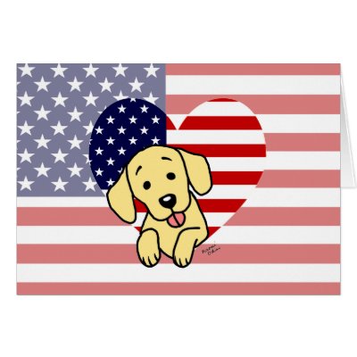 Yellow Labrador & US Flag Heart 1 Cartoon Greeting Card