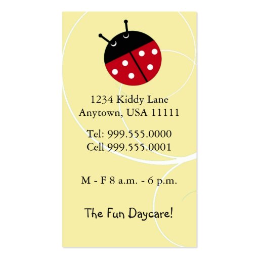 Yellow Ladybug Daycare Business Card (back side)