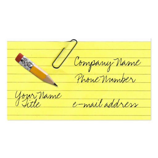 Yellow lined paper with paper clip business card templates (front side)