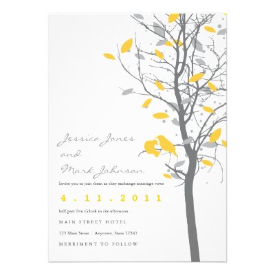 Yellow Love Birds in Tree with Gray Leaves Personalized Invitation