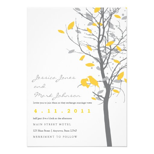 Yellow Love Birds in Tree with Gray Leaves Personalized Invitation