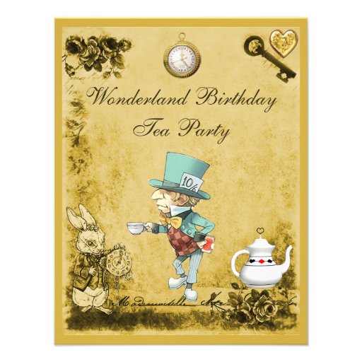 Yellow Mad Hatter Wonderland Birthday Tea Party Personalized Announcement