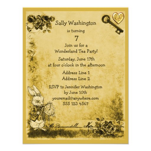 Yellow Mad Hatter Wonderland Birthday Tea Party Personalized Announcement