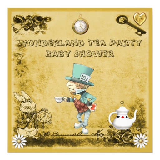 Yellow Mad Hatter Wonderland Tea Party Baby Shower Custom Invites (front side)