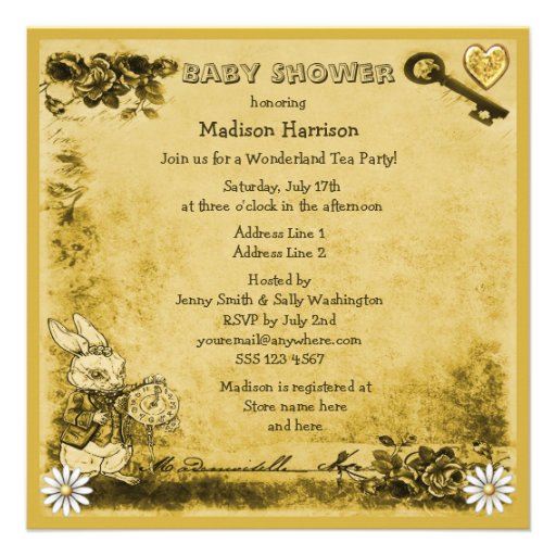 Yellow Mad Hatter Wonderland Tea Party Baby Shower Custom Invites