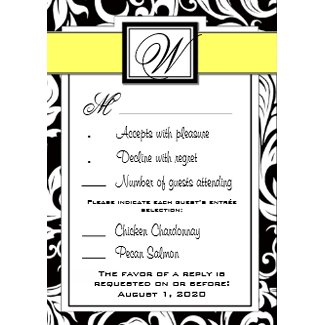 Yellow Monogram & Black Damask Wedding RSVP Cards invitation