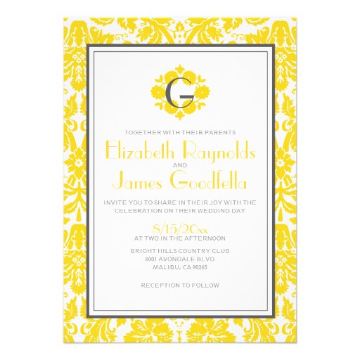 Yellow Monogram Damask Wedding Invitations