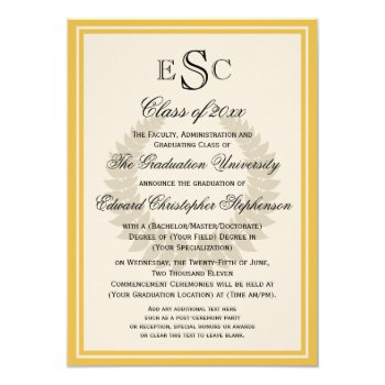 Yellow Monogram Laurel Classic College Graduation 4.5x6.25 Paper Invitation Card by CustomInvites at Zazzle
