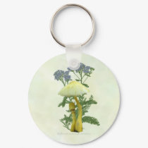 Yellow Mushrooms with tiny blue flowers Keychain