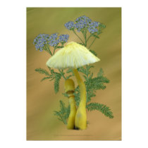 Yellow Mushrooms with tiny blue flowers  posters