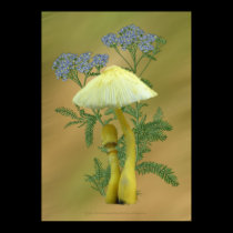Yellow Mushrooms with tiny blue flowers  posters