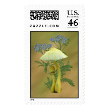 Yellow Mushrooms with tiny blue flowers Stamps