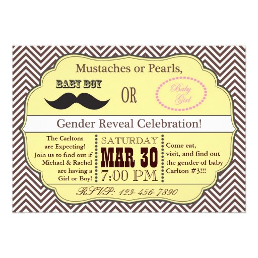 Yellow Mustache or Pearls Gender Reveal Invitation (front side)
