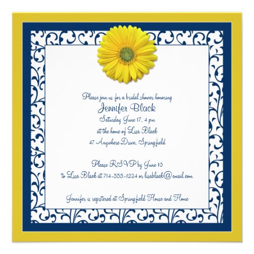 Yellow Navy Gerbera Daisy Bridal Shower Invitation