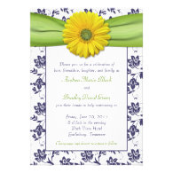 Yellow, Navy, Green Damask Wedding Invitation