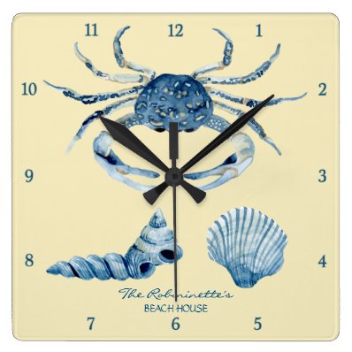 Yellow Ocean Crab Seashells Nautical Beach House Square Wall Clock