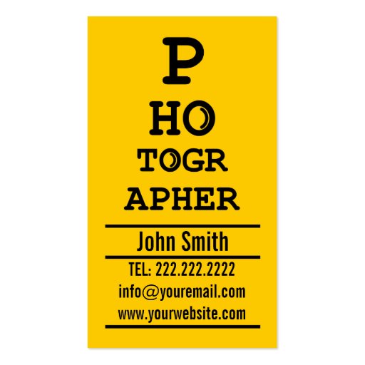 Yellow Optometrist photographer business card (front side)