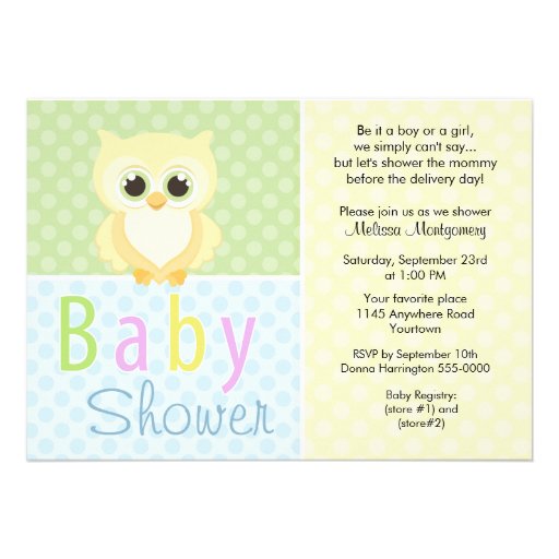Yellow Owl and Polkadots Baby Shower Invitation