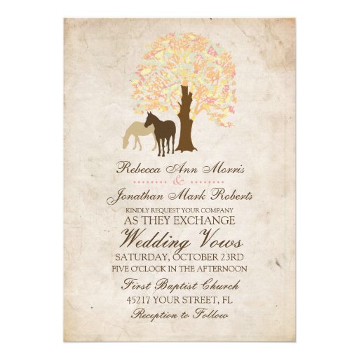 Yellow Peach and Mint Autumn Horses Wedding Custom Invitations