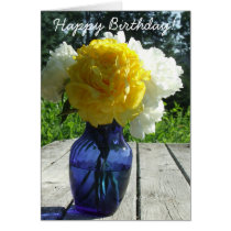 Yellow Peonies in Blue Vase Happy Birthday Card cards